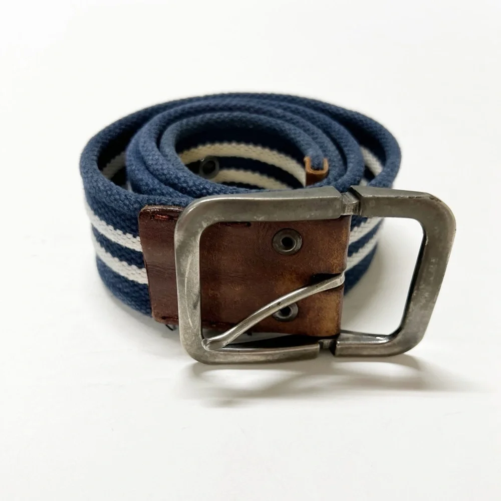 Timberland Mens Vintage White Navy Striped Canvas Grommet Detail Leather Belt